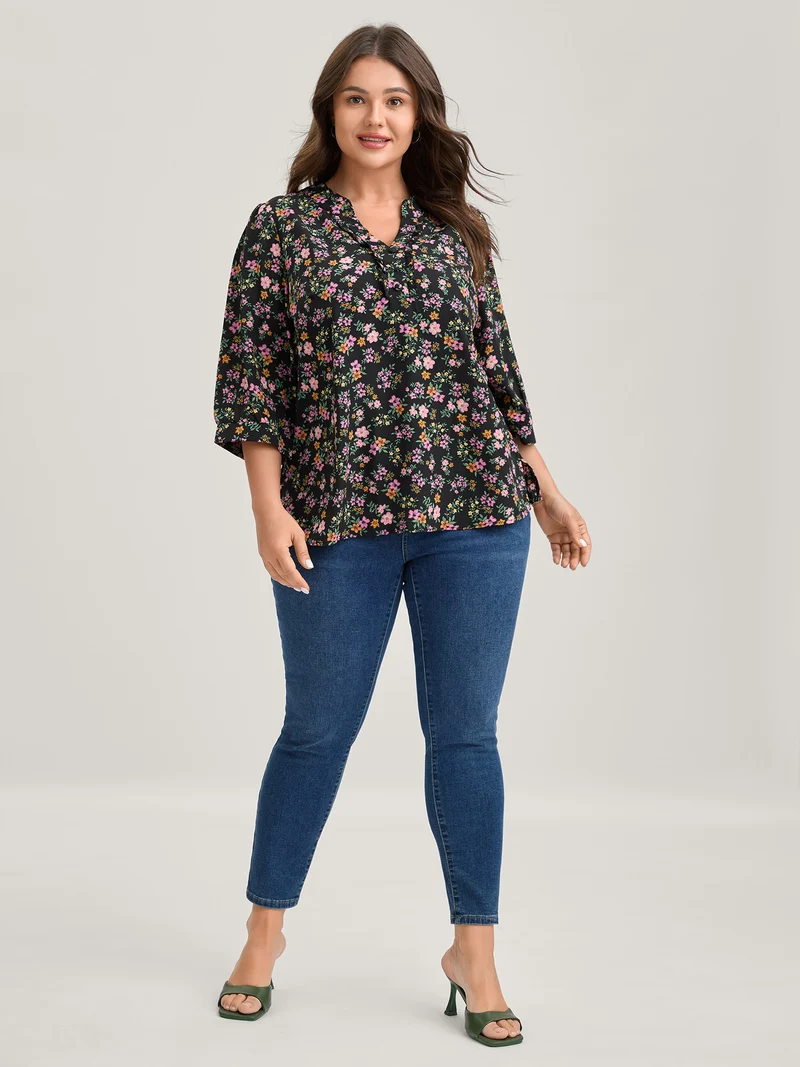 Floral Print Ruffled Neckline Flowy Blouse