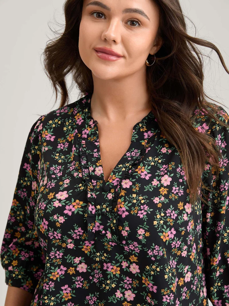 Floral Print Ruffled Neckline Flowy Blouse