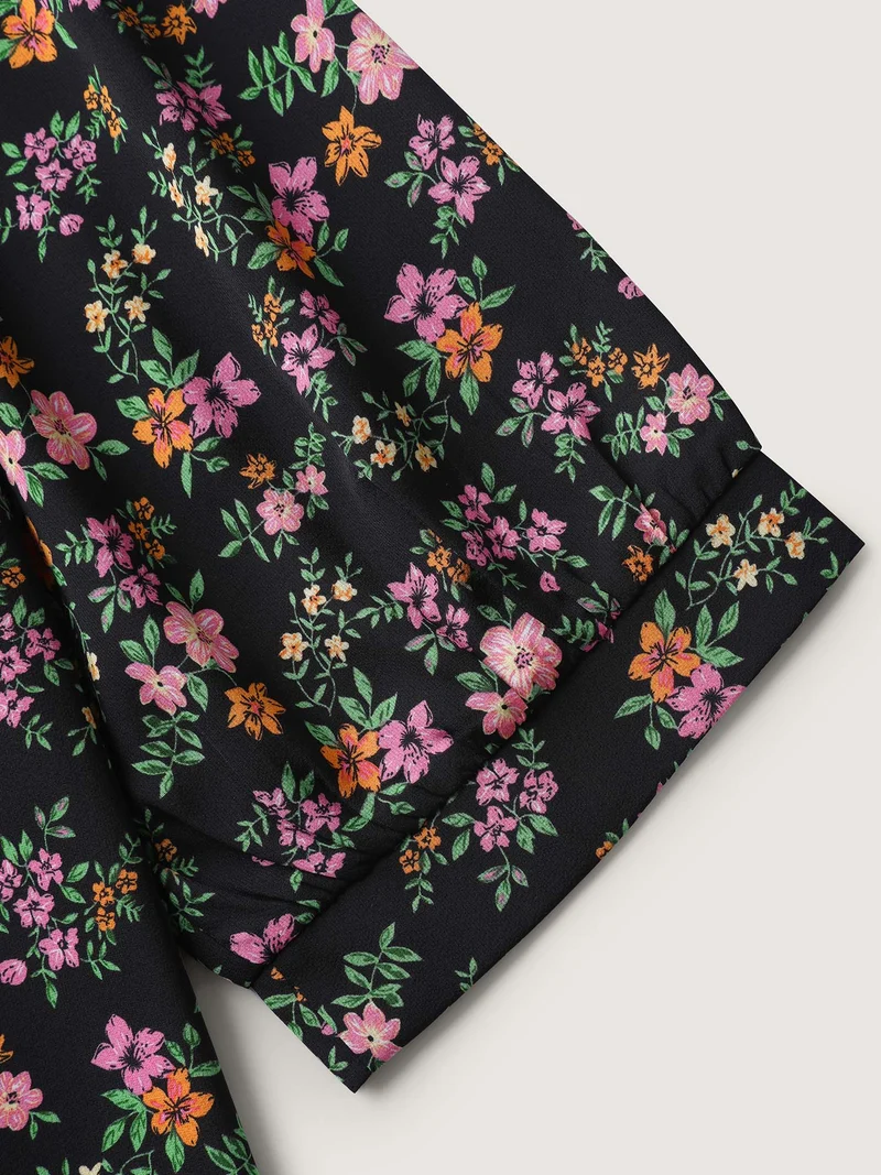 Floral Print Ruffled Neckline Flowy Blouse