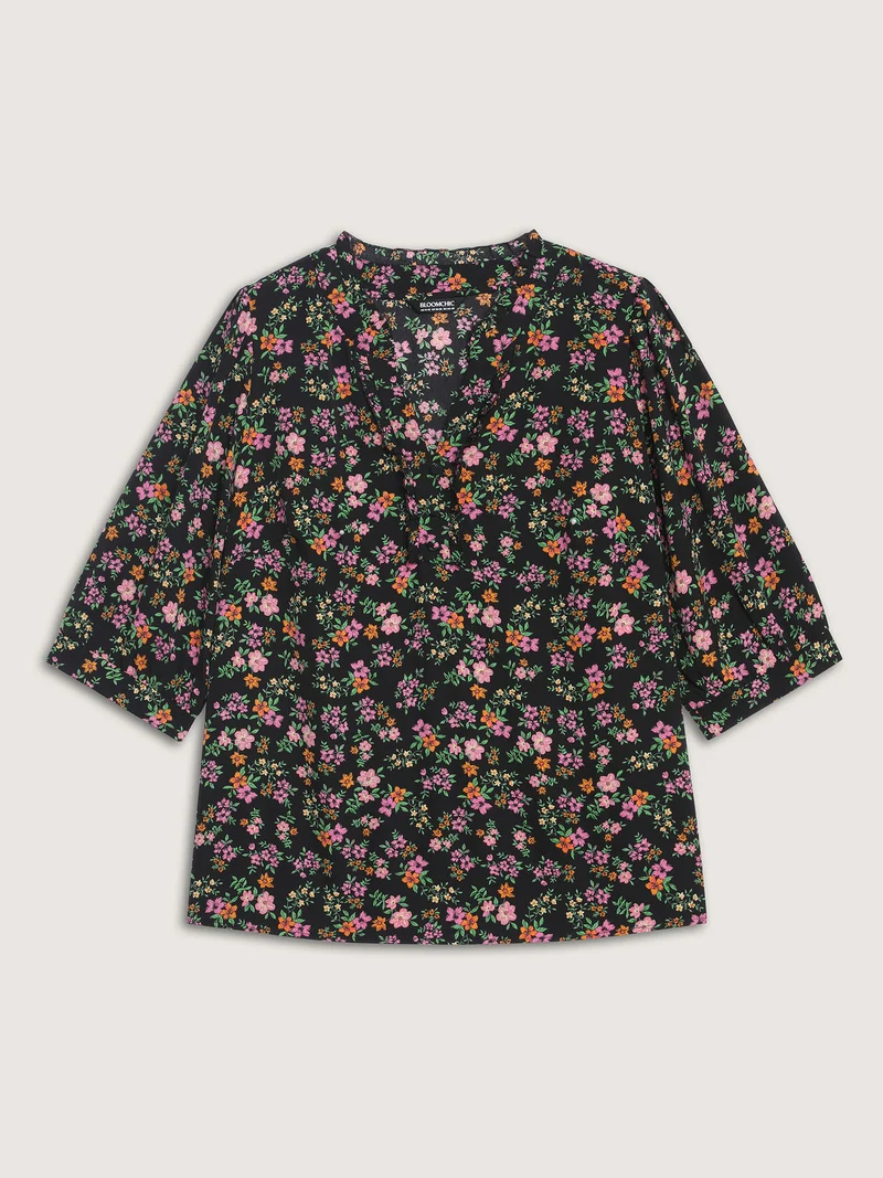 Floral Print Ruffled Neckline Flowy Blouse
