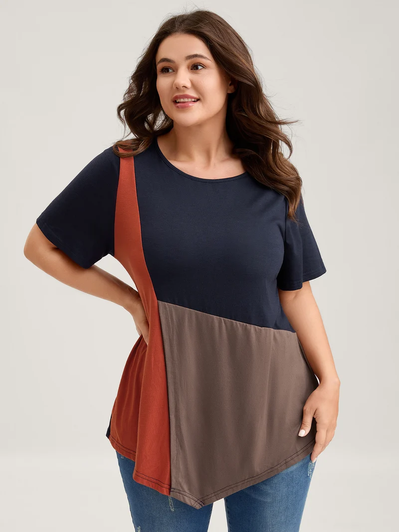 Color Block Slit Asymmetrical Hem T-Shirt