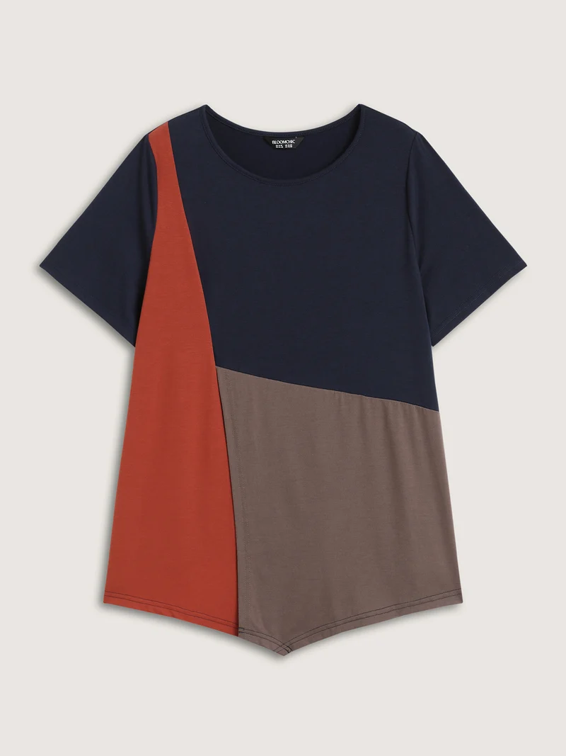 Color Block Slit Asymmetrical Hem T-Shirt