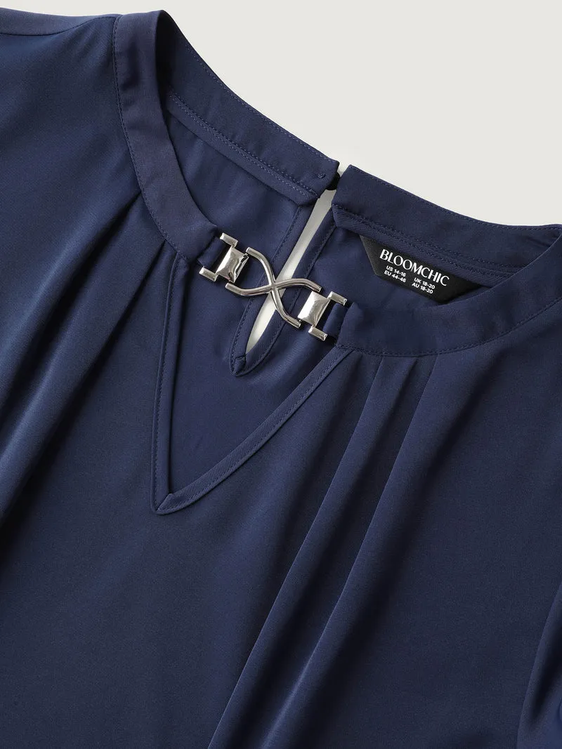 Metal Clasp Neckline Lotus Leaf Sleeve Blouse