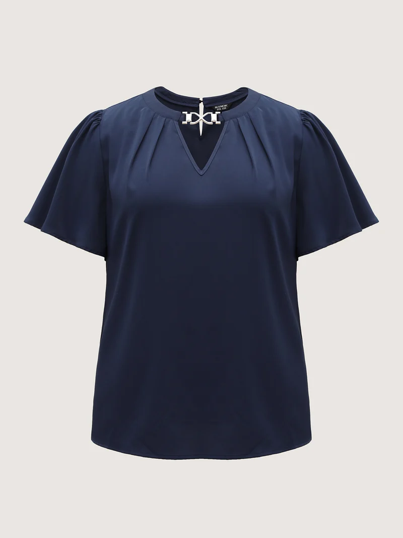 Metal Clasp Neckline Lotus Leaf Sleeve Blouse