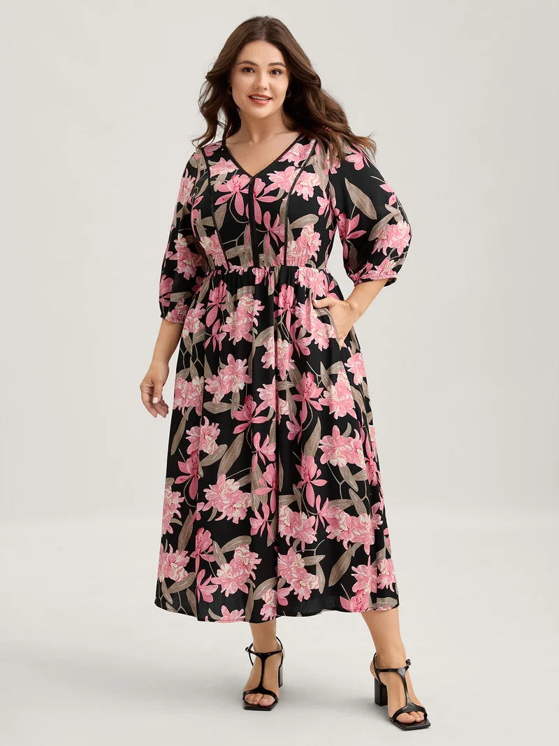 Rayon Floral Lace Panel Pockets Maxi Dress