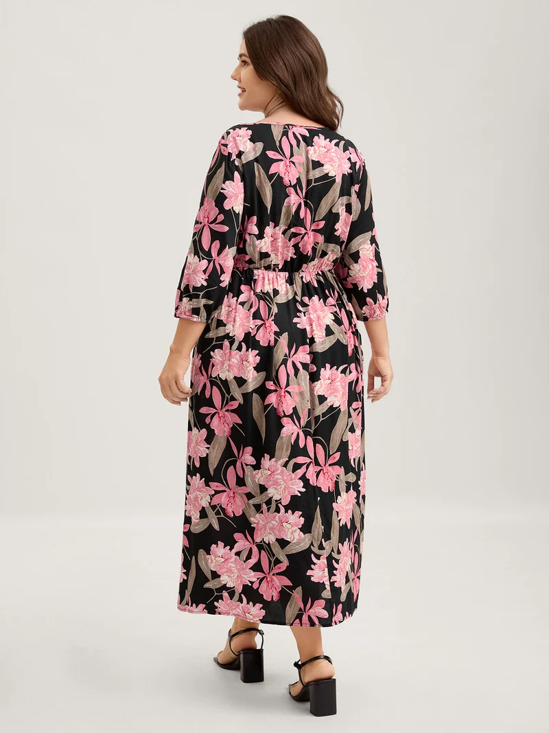Rayon Floral Lace Panel Pockets Maxi Dress