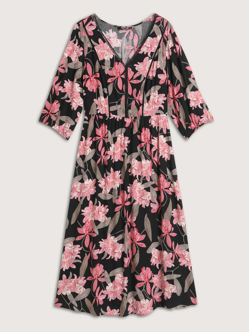 Rayon Floral Lace Panel Pockets Maxi Dress