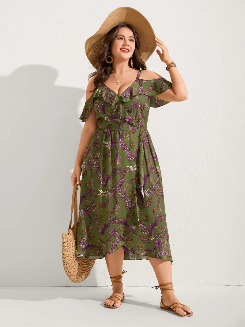 Boho Floral Ruffled Off-Shoulder Midi Dress