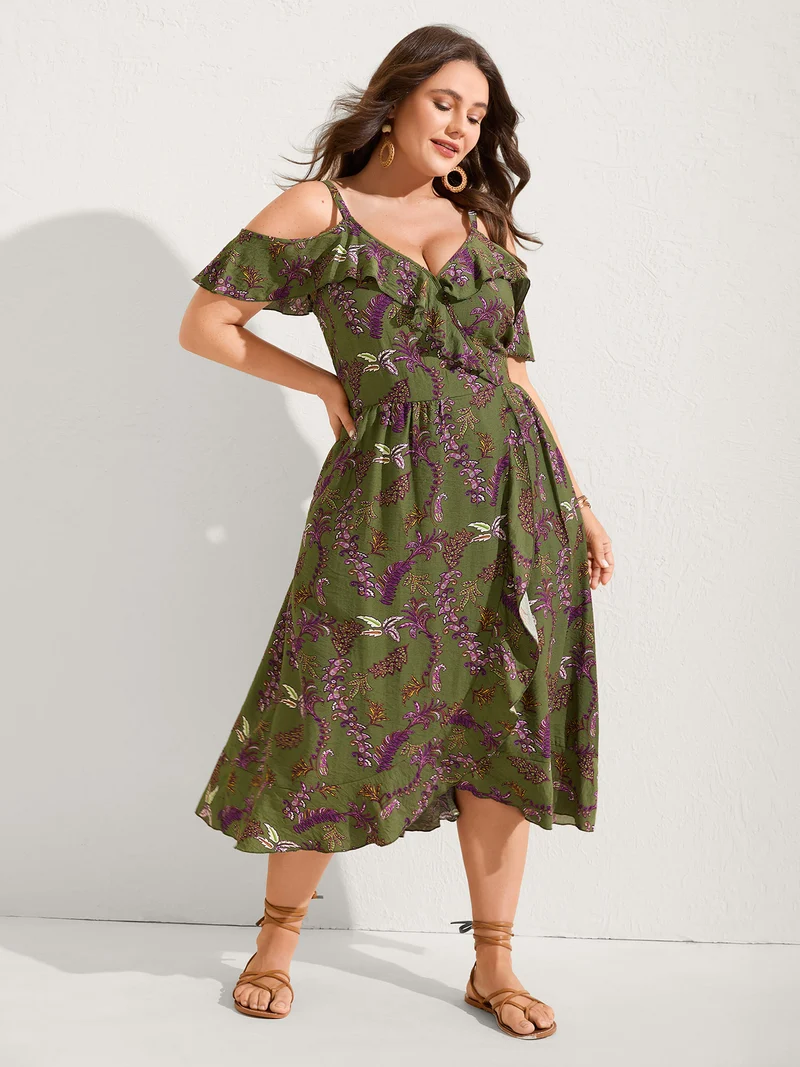 Boho Floral Ruffled Off-Shoulder Midi Dress