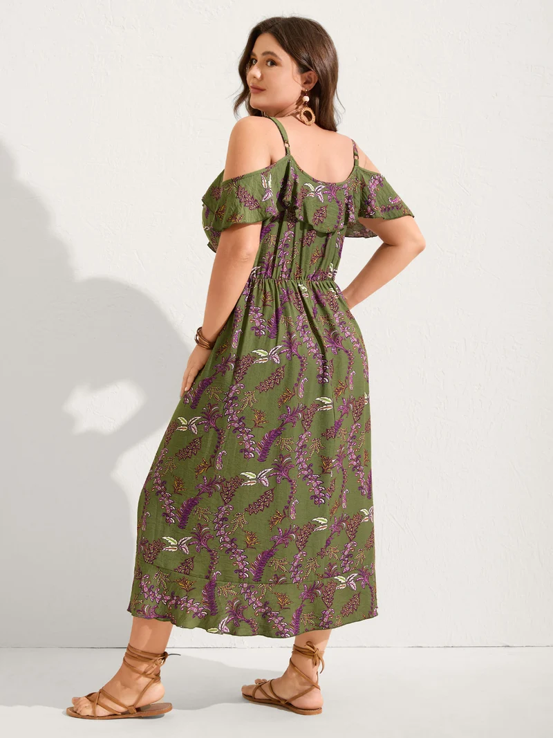 Boho Floral Ruffled Off-Shoulder Midi Dress