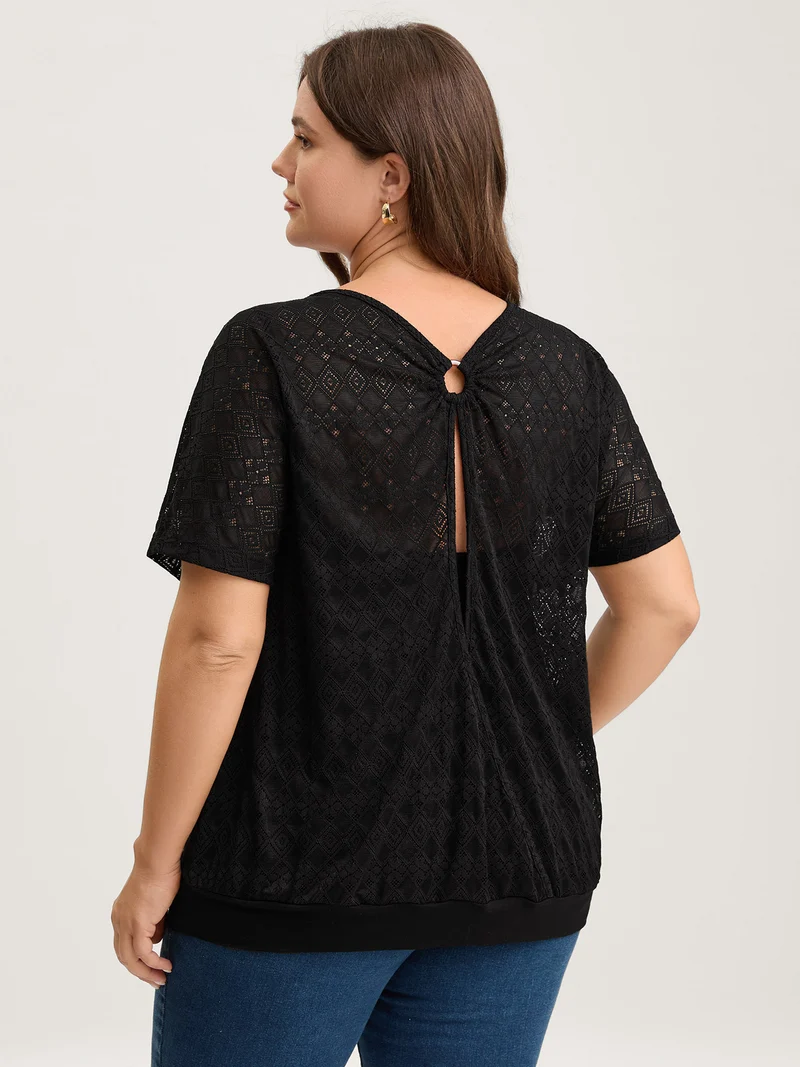 Geometric Lace Back Cut-Out T-Shirt