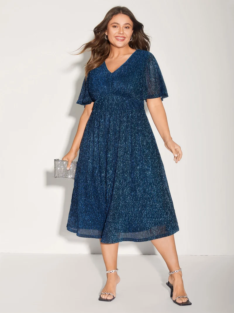 Shimmery Silk Cinched-Waist Midi Dress