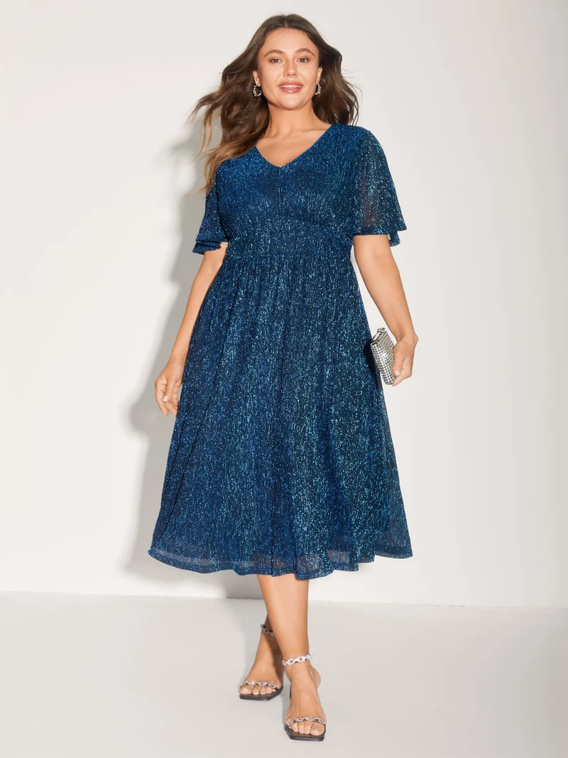 Shimmery Silk Cinched-Waist Midi Dress