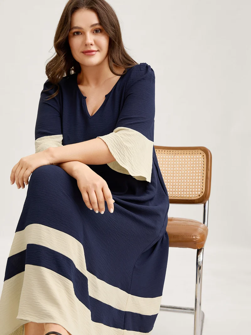 Color Contrast Flared Sleeve Midi Dress