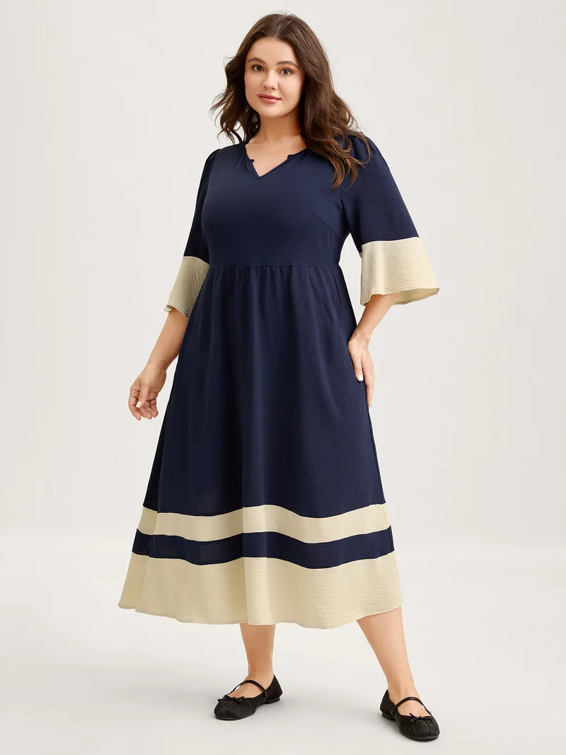 Color Contrast Flared Sleeve Midi Dress