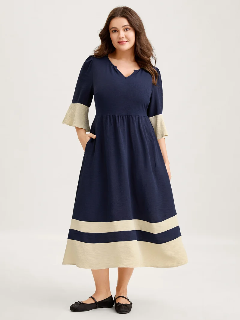 Color Contrast Flared Sleeve Midi Dress