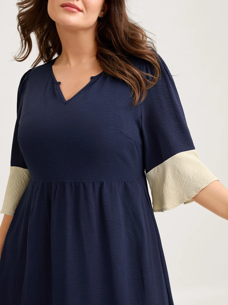 Color Contrast Flared Sleeve Midi Dress