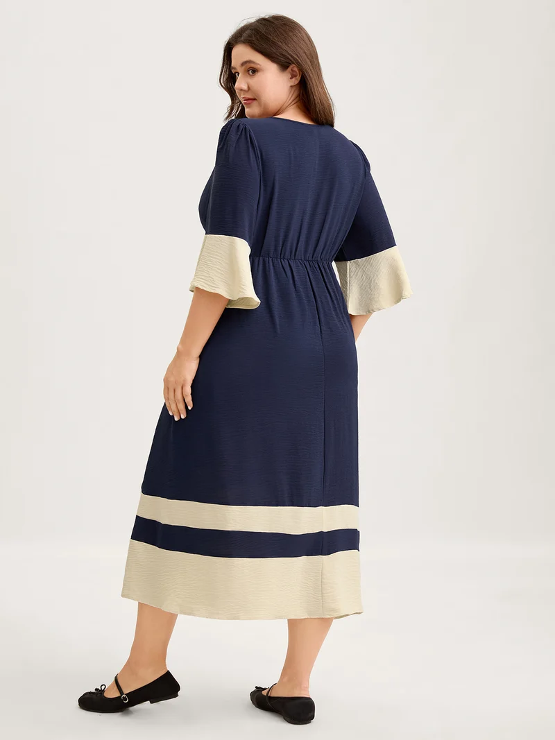 Color Contrast Flared Sleeve Midi Dress