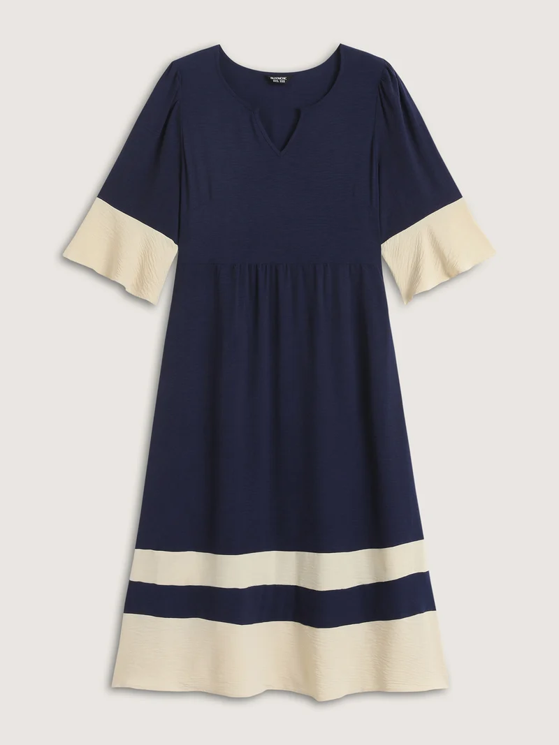 Color Contrast Flared Sleeve Midi Dress