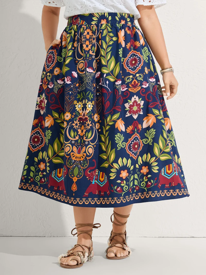 Multi-Color Floral Pockets Midi Skirt