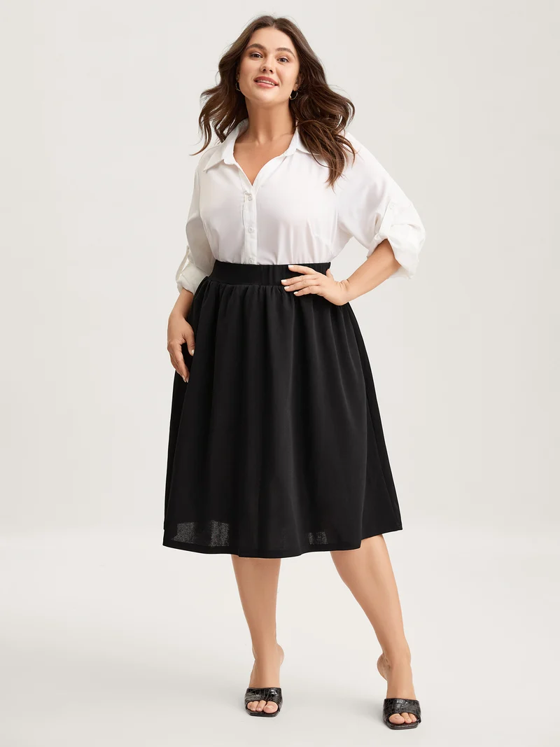 A-Line Solid Pleated Midi Skirt