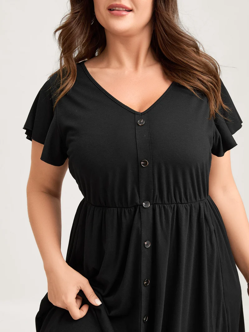 Supersoft Button Detail Deep V-Neck Midi Dress
