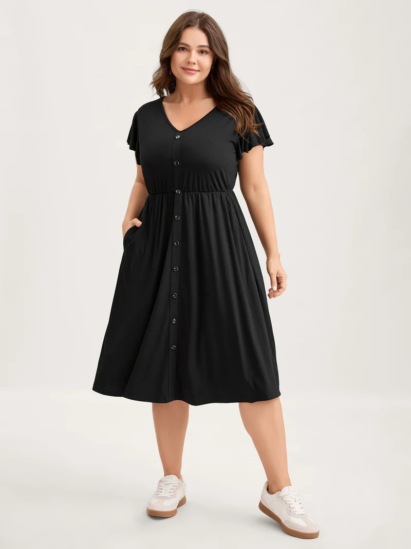 Supersoft Button Detail Deep V-Neck Midi Dress