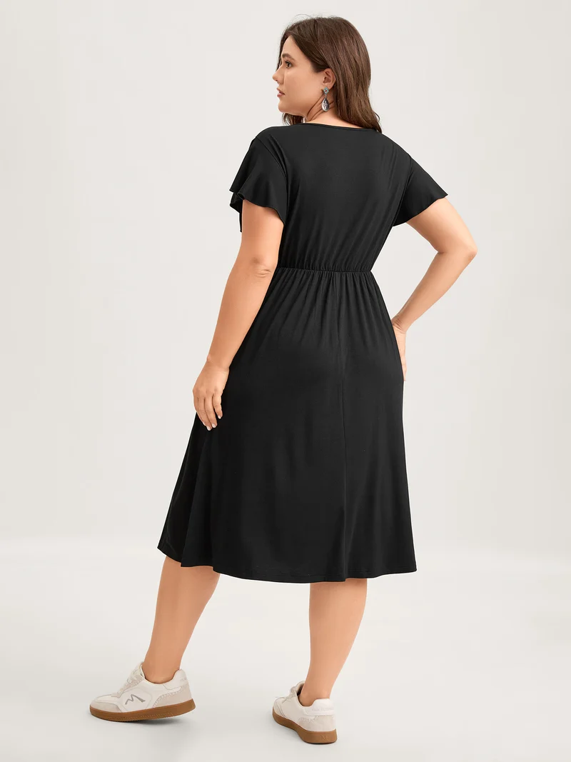 Supersoft Button Detail Deep V-Neck Midi Dress
