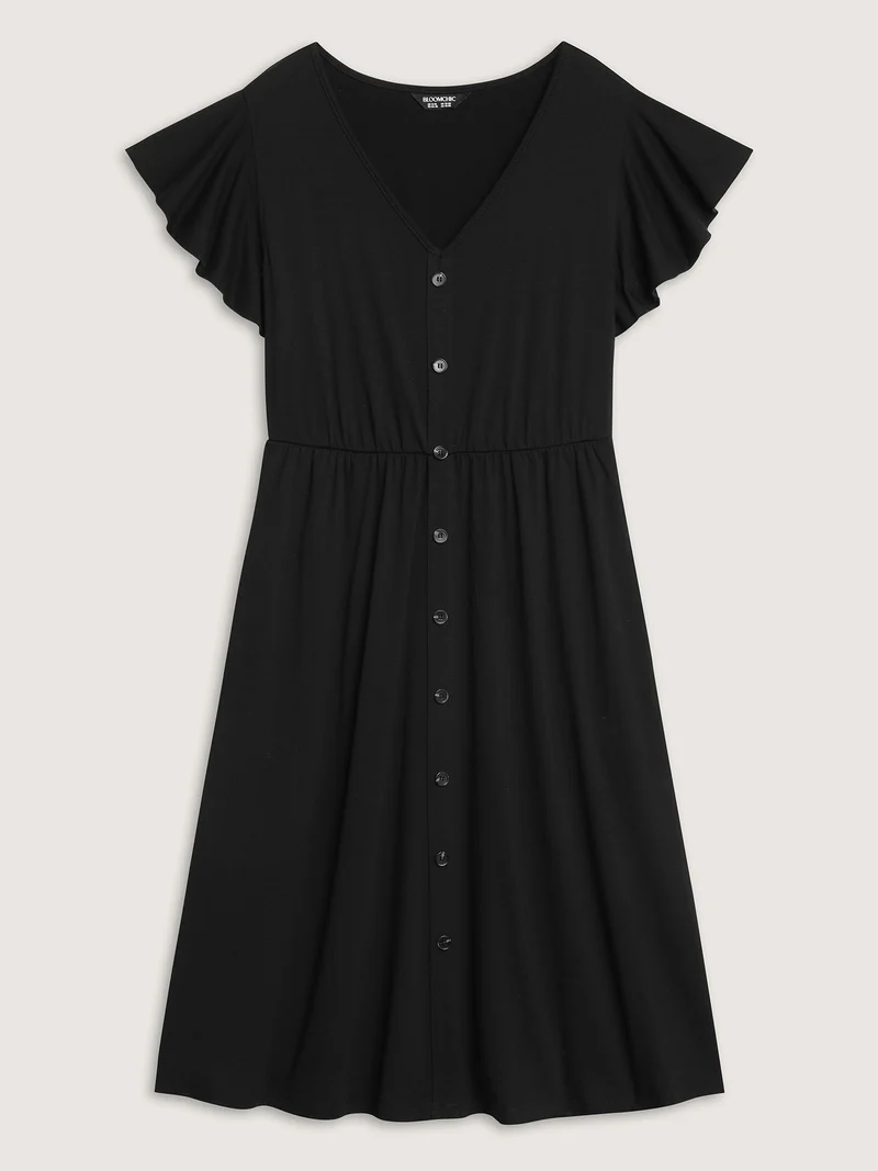 Supersoft Button Detail Deep V-Neck Midi Dress