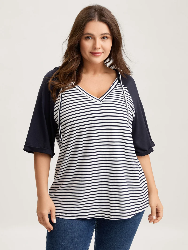 Striped Raglan Hooded Contrast T-Shirt