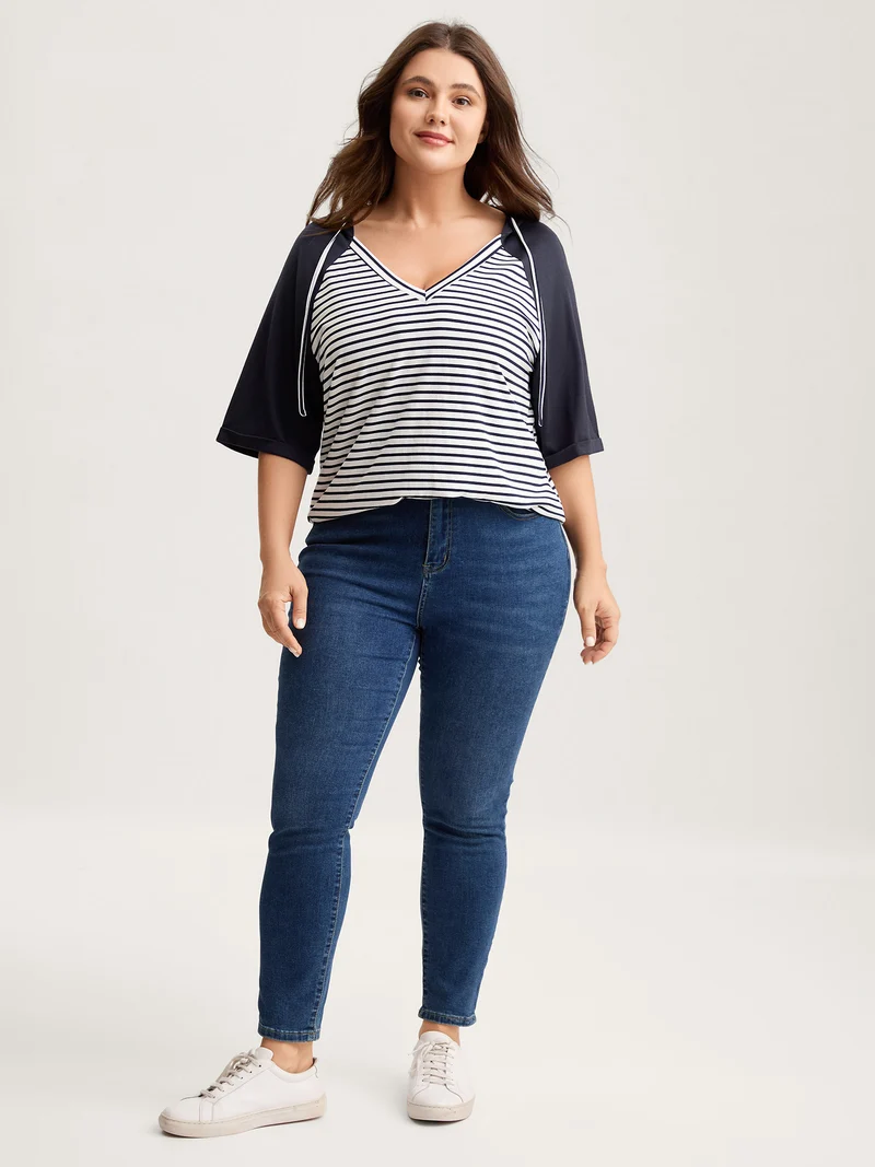 Striped Raglan Hooded Contrast T-Shirt
