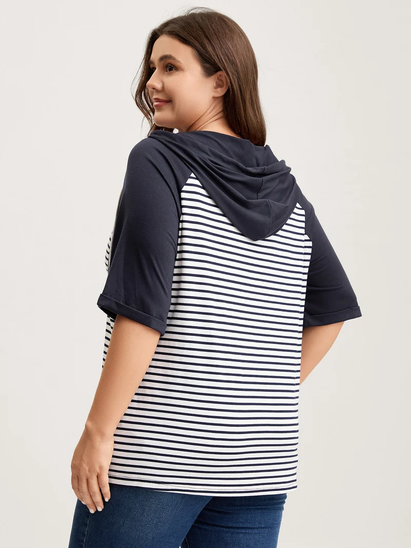 Striped Raglan Hooded Contrast T-Shirt