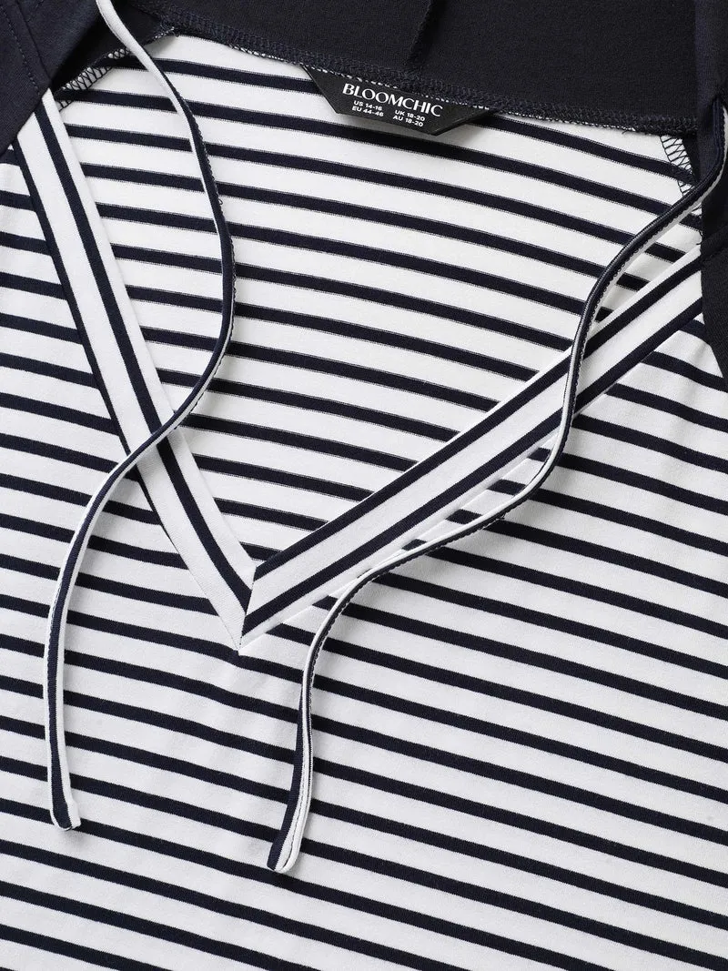 Striped Raglan Hooded Contrast T-Shirt