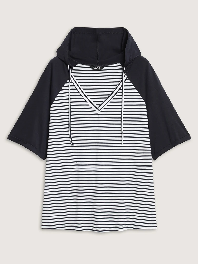 Striped Raglan Hooded Contrast T-Shirt