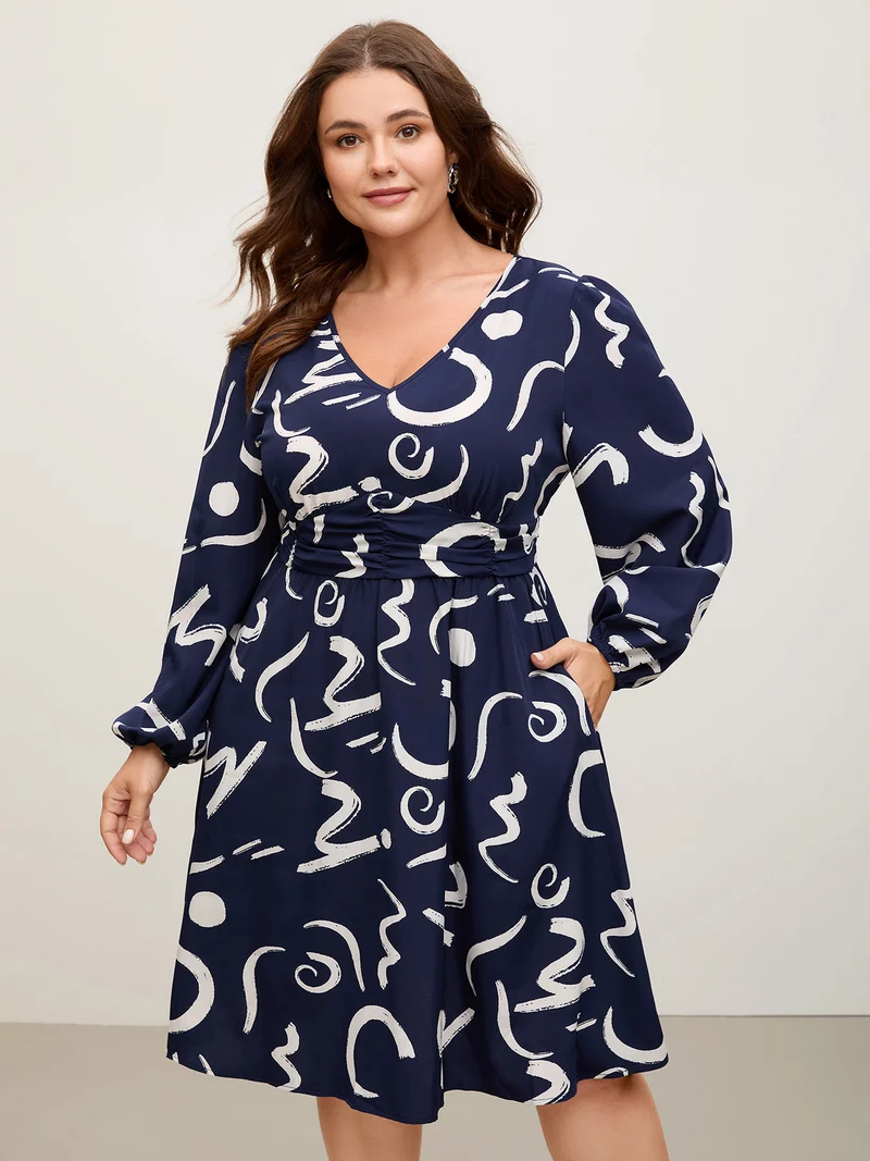 Scribble Print Pleated Cinched Waist Midi Dress