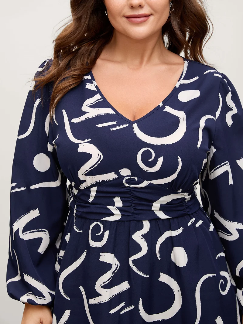 Scribble Print Pleated Cinched Waist Midi Dress