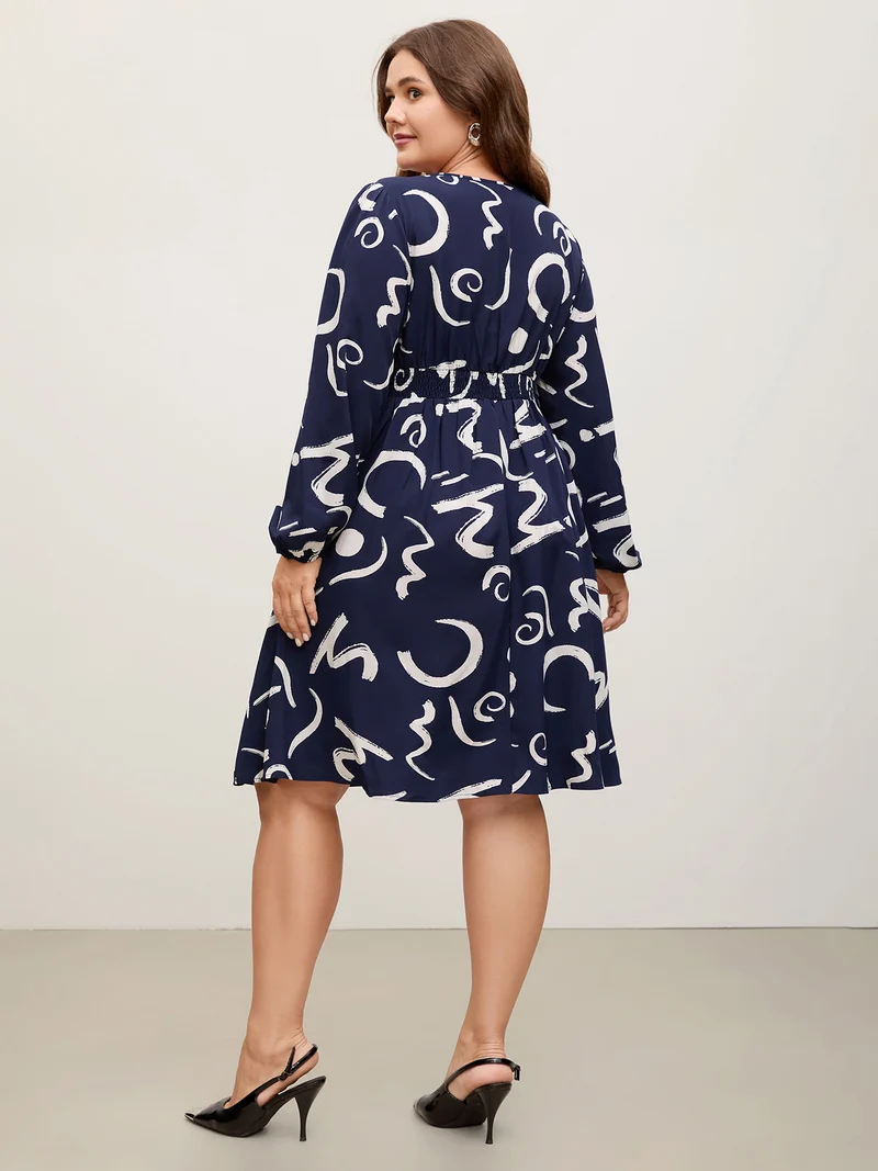 Scribble Print Pleated Cinched Waist Midi Dress