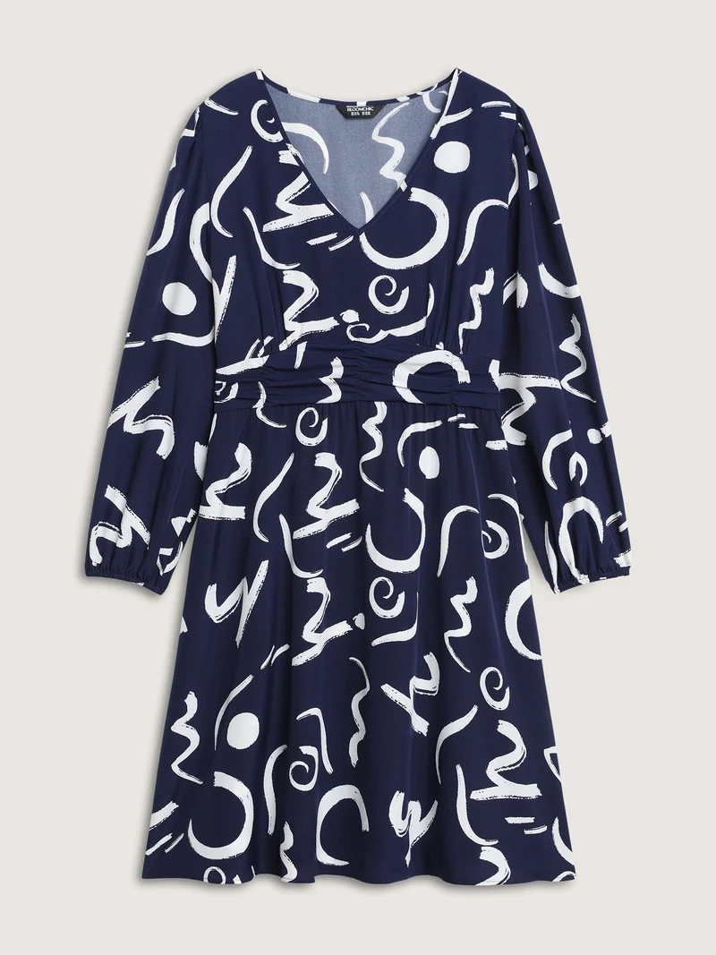 Scribble Print Pleated Cinched Waist Midi Dress