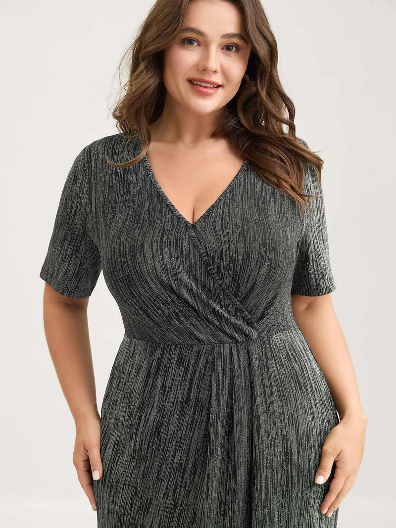 Stretchy Asymmetrical Hem Surplice Midi Dress