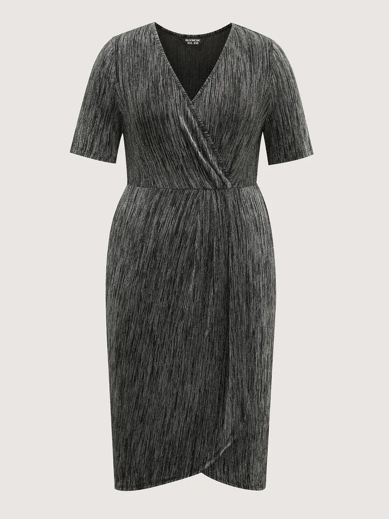 Stretchy Asymmetrical Hem Surplice Midi Dress