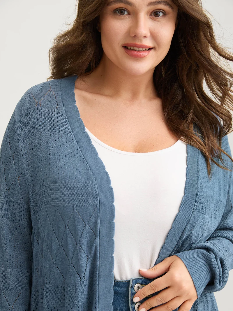 Textured Arc Hem Front-Open Lightweight Cardigan