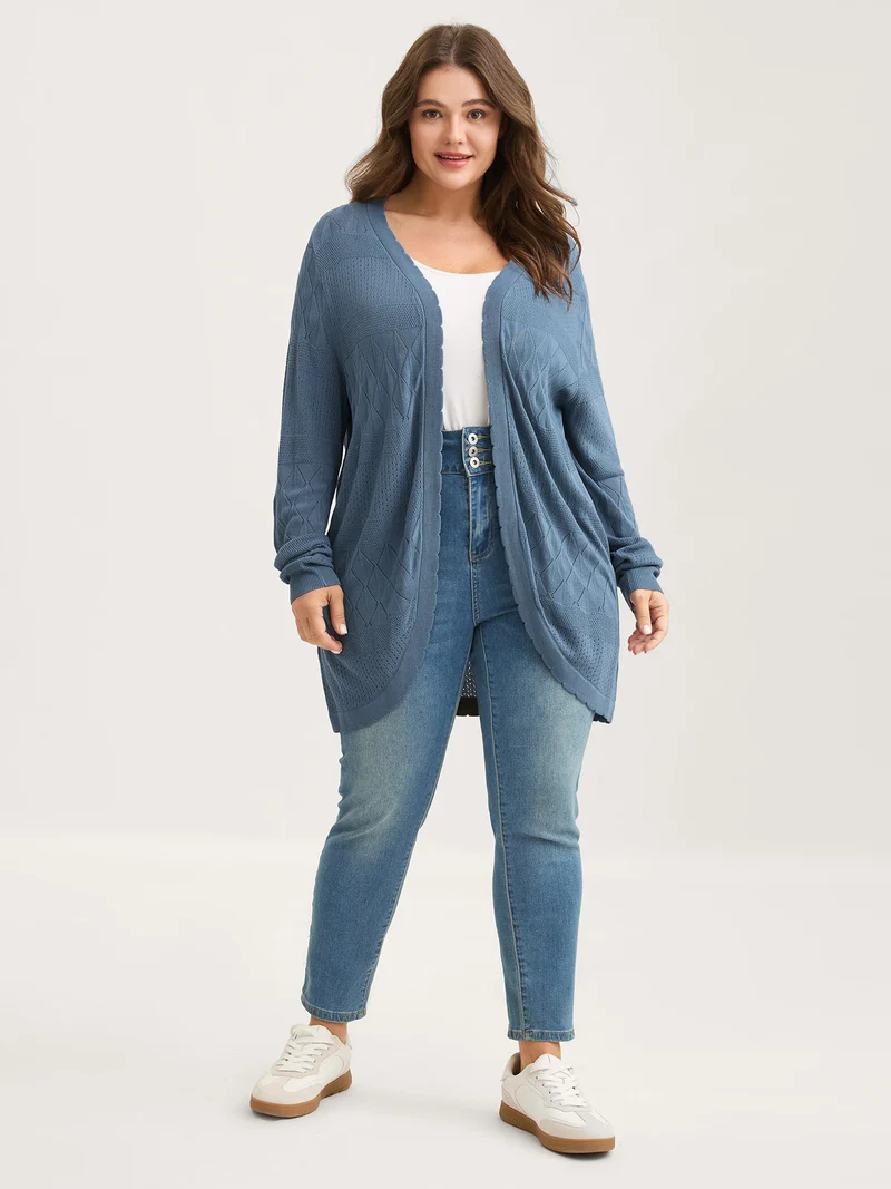 Textured Arc Hem Front-Open Lightweight Cardigan