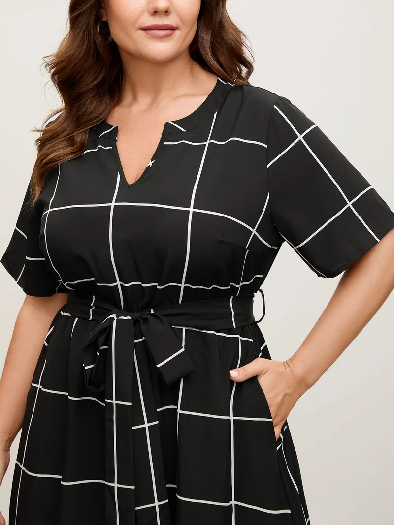 Checkered Print Belted Pockets Midi Dress