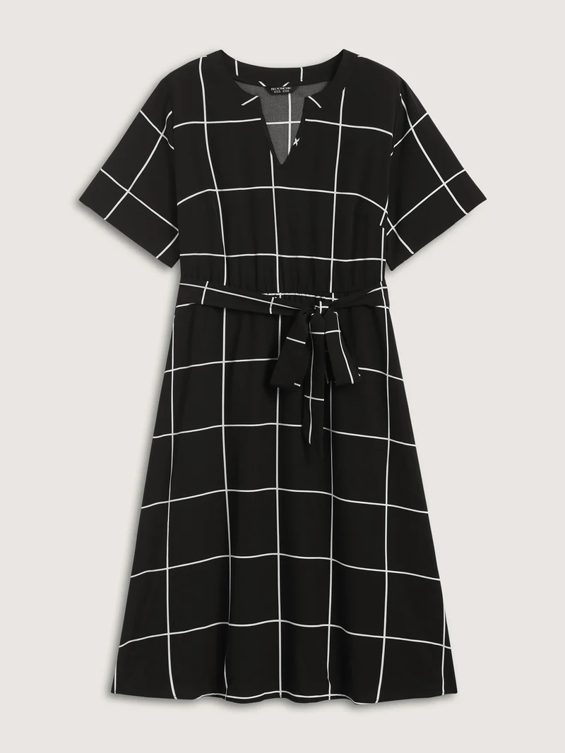 Checkered Print Belted Pockets Midi Dress
