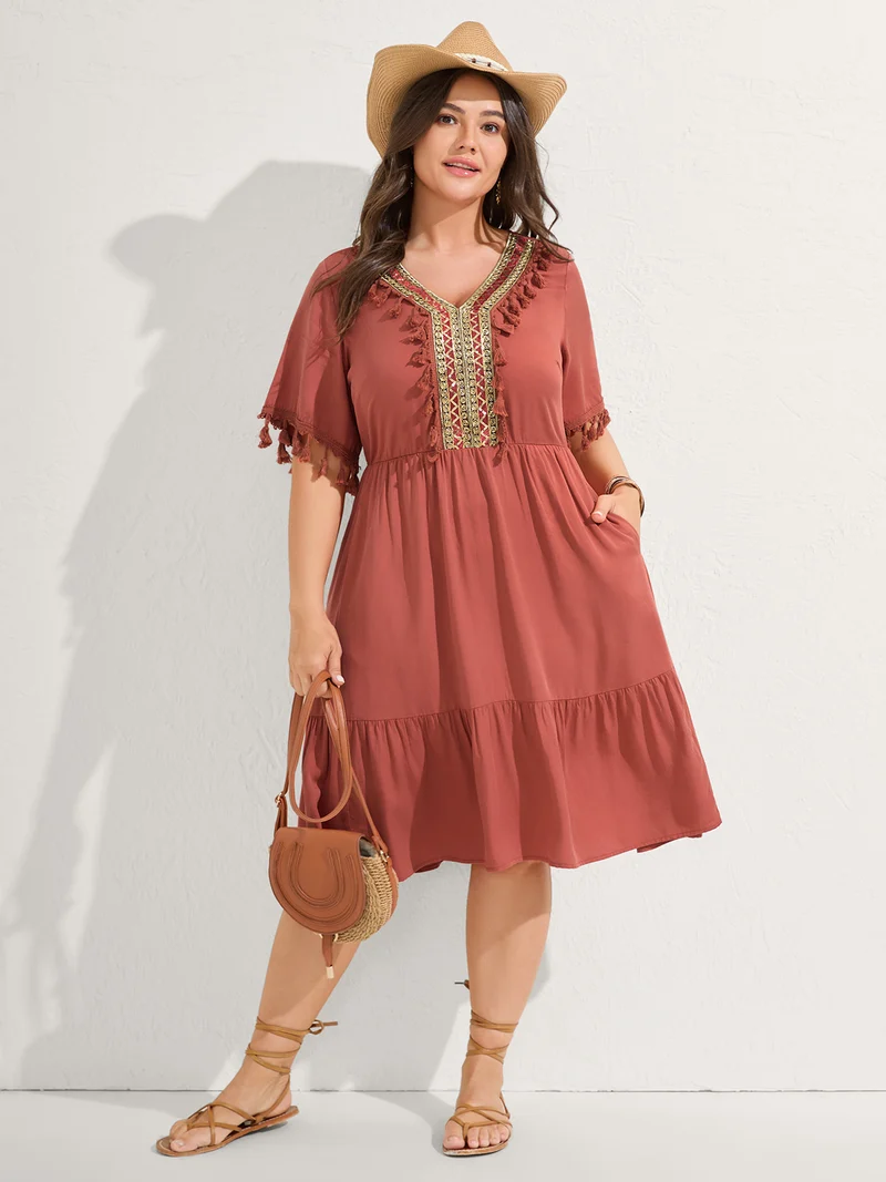 Rayon Stretchy Waist Pockets Midi Dress