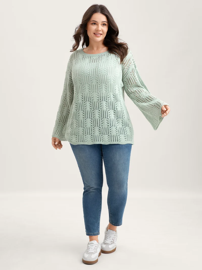 Textured Cut-Out Flared Sleeve Lightweight Pullover