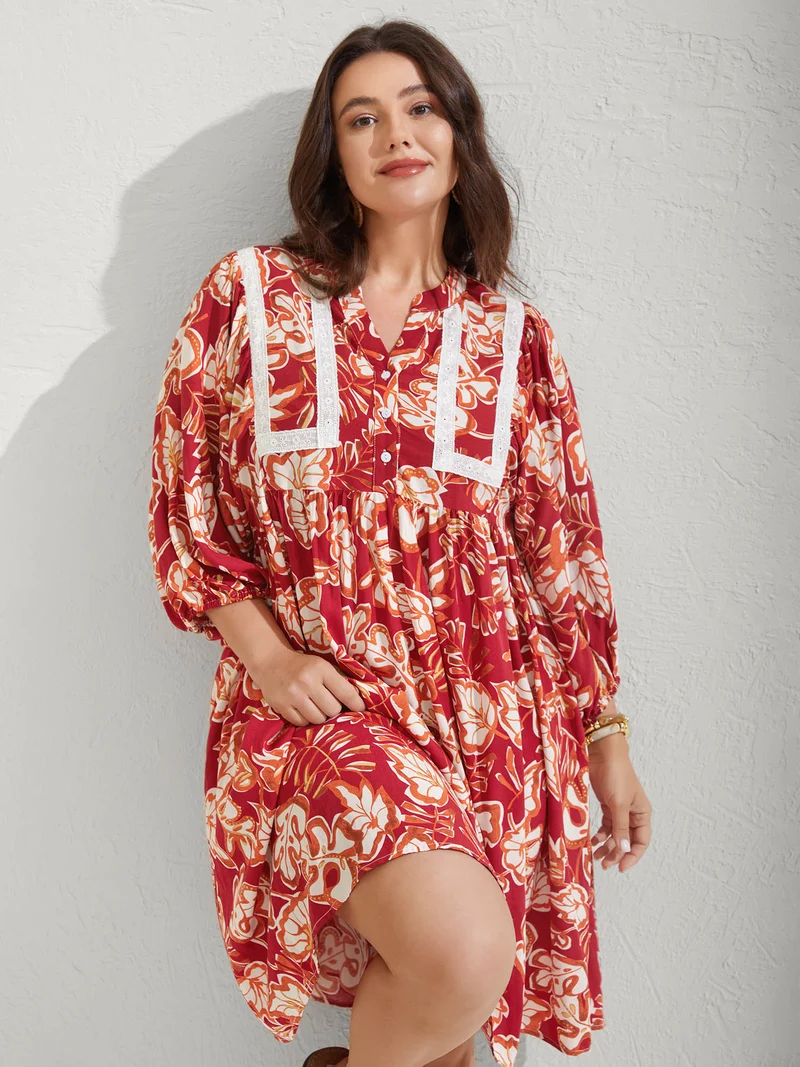 Floral Lace Trim Button Front Midi Dress