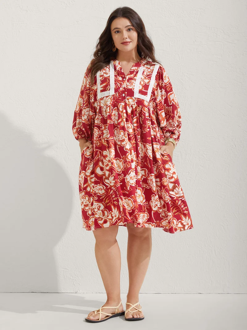 Floral Lace Trim Button Front Midi Dress
