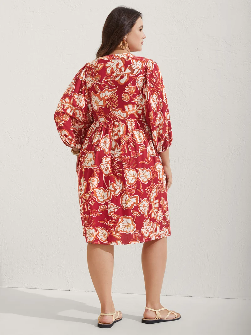 Floral Lace Trim Button Front Midi Dress