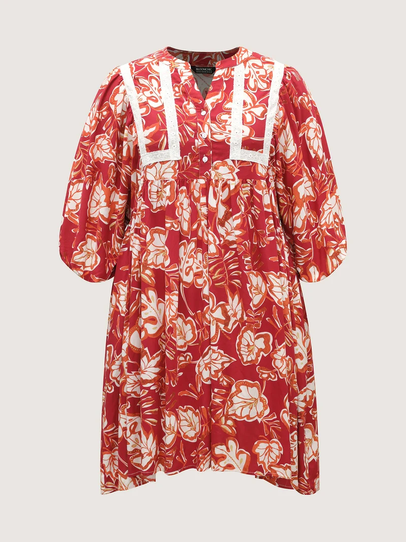 Floral Lace Trim Button Front Midi Dress